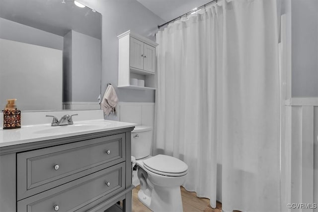 bathroom with toilet, wood finished floors, and vanity