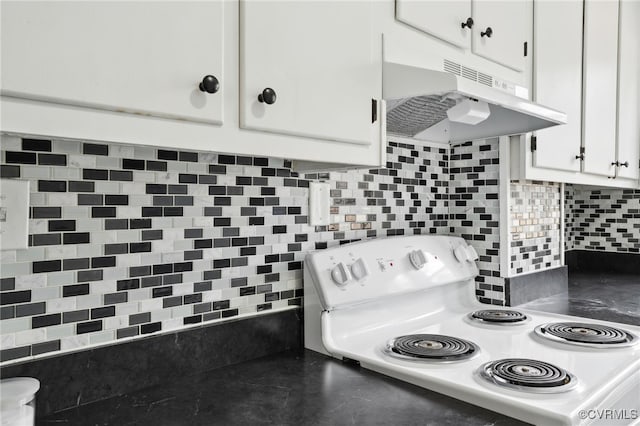 kitchen featuring under cabinet range hood, white cabinets, backsplash, white range with electric stovetop, and dark countertops