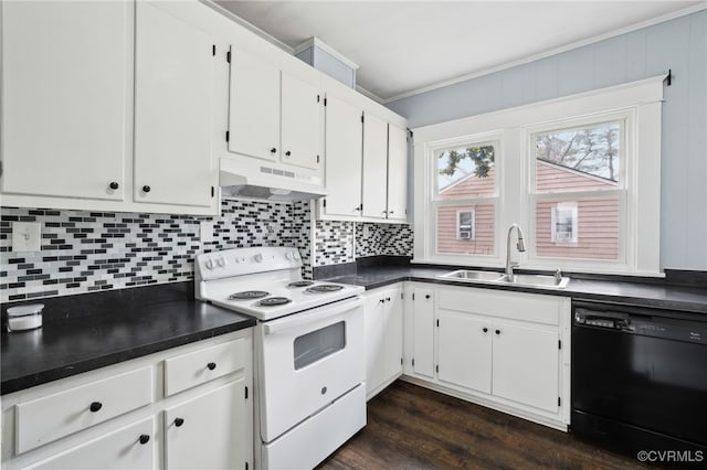 kitchen with white range with electric stovetop, dark countertops, a sink, dishwasher, and under cabinet range hood