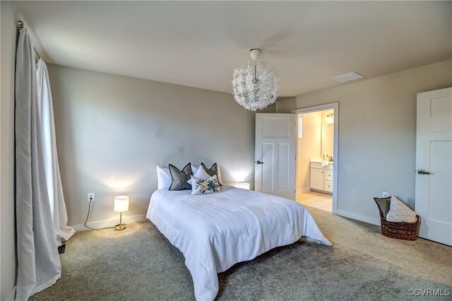 bedroom with light carpet, a chandelier, visible vents, and baseboards