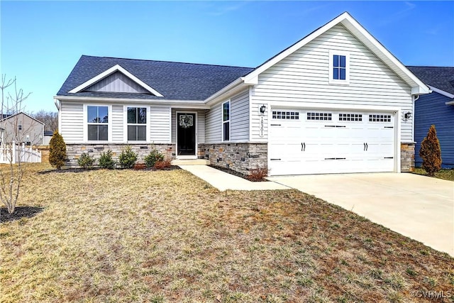 view of front facade featuring stone siding, a front yard, concrete driveway, and a shingled roof