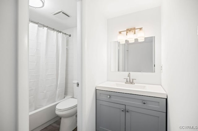 bathroom with visible vents, shower / bathtub combination with curtain, toilet, and vanity