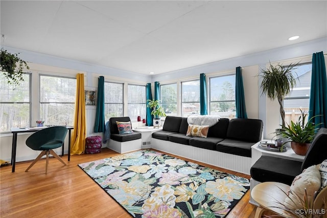 living room with light wood-style flooring, recessed lighting, and a healthy amount of sunlight