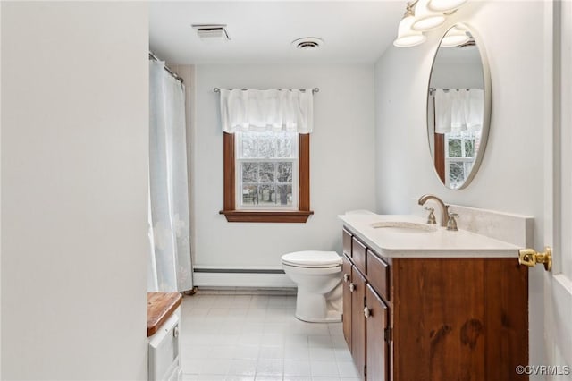 full bathroom featuring visible vents, a healthy amount of sunlight, and a baseboard heating unit