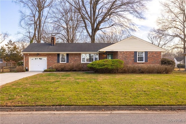 ranch-style home with brick siding, a chimney, concrete driveway, and a garage