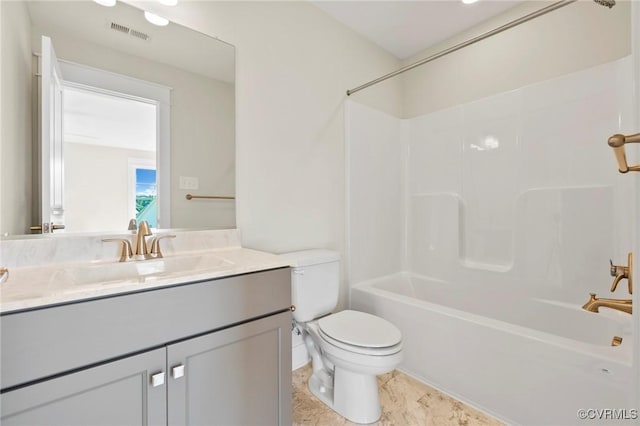 bathroom featuring tub / shower combination, visible vents, toilet, and vanity