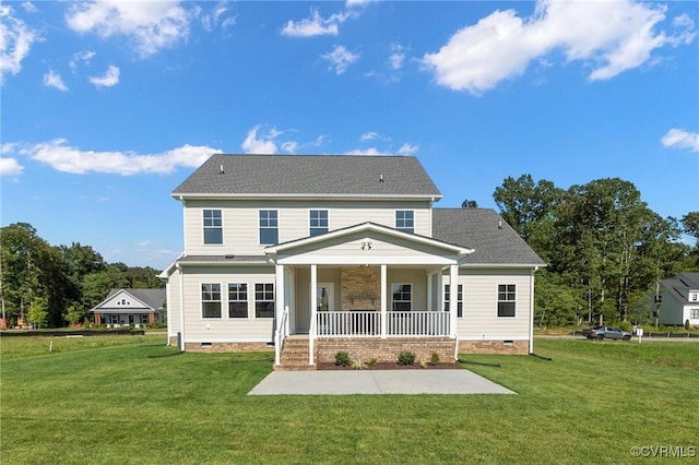 back of house with crawl space, a porch, a shingled roof, and a yard