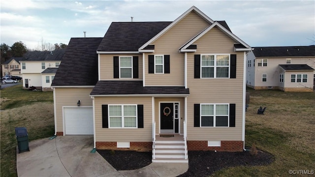 view of front facade with a garage, a front lawn, concrete driveway, a shingled roof, and crawl space