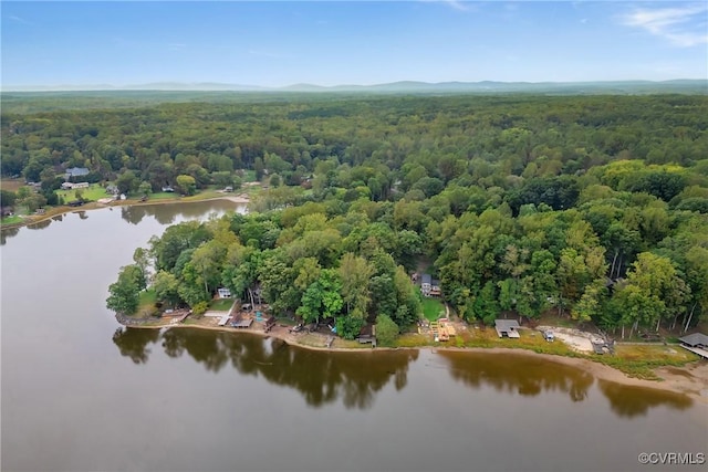 aerial view featuring a forest view and a water view