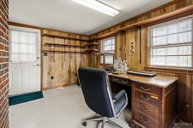 office space with light colored carpet and wood walls