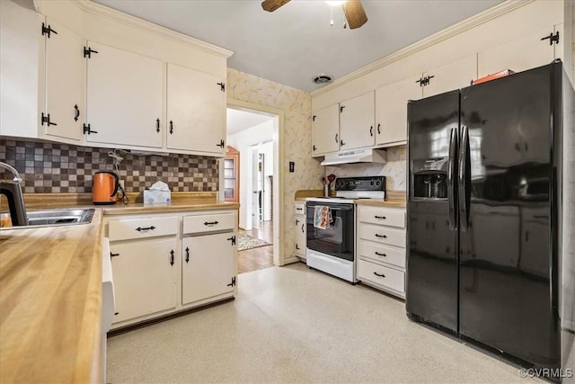 kitchen with under cabinet range hood, light floors, electric stove, black refrigerator with ice dispenser, and a sink