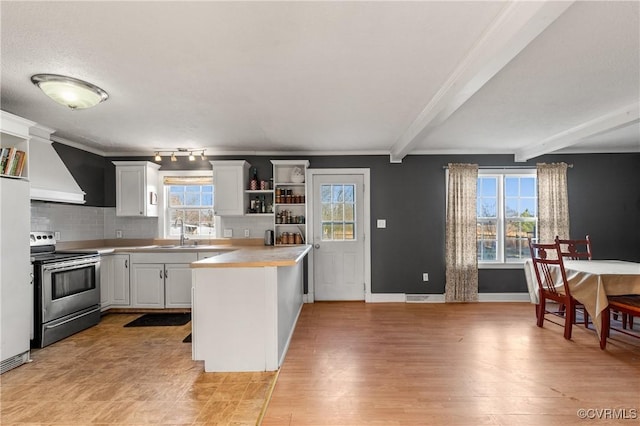 kitchen with tasteful backsplash, open shelves, custom range hood, stainless steel range with electric stovetop, and a sink