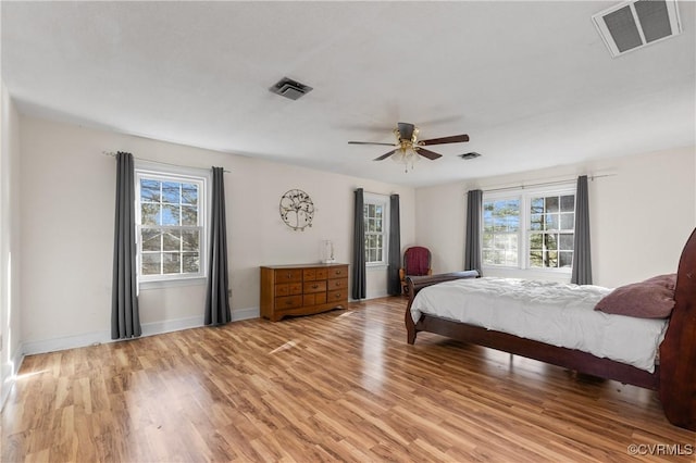 bedroom featuring light wood finished floors, visible vents, and multiple windows