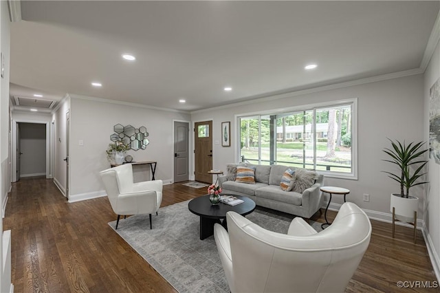 living area featuring baseboards, ornamental molding, and dark wood-style flooring