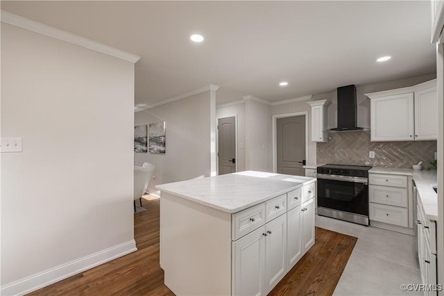 kitchen featuring decorative backsplash, crown molding, stainless steel electric range oven, and wall chimney exhaust hood