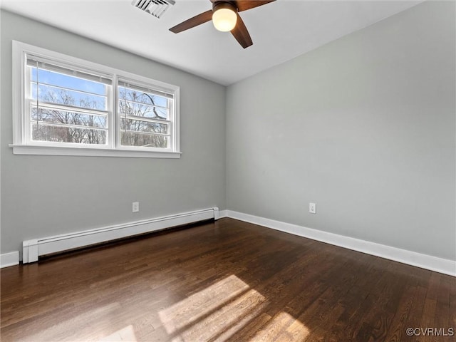 empty room featuring baseboards, visible vents, dark wood-style flooring, and a baseboard radiator