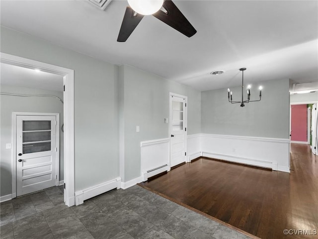 interior space featuring wood finished floors, ceiling fan with notable chandelier, baseboard heating, and a baseboard radiator