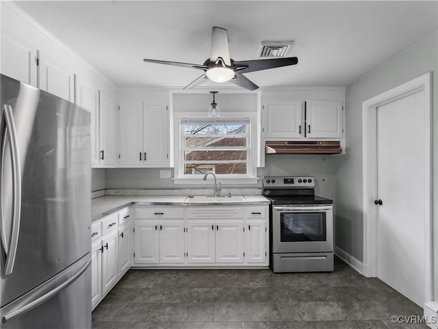 kitchen with a sink, stainless steel appliances, light countertops, under cabinet range hood, and white cabinetry