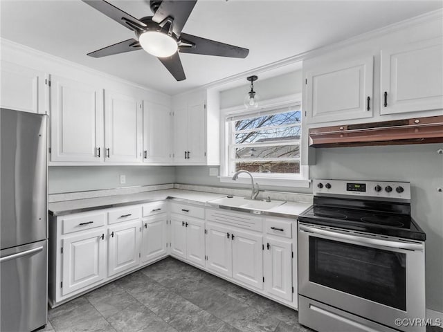 kitchen featuring a sink, stainless steel appliances, light countertops, under cabinet range hood, and white cabinetry