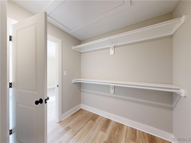 walk in closet featuring attic access and light wood-style flooring