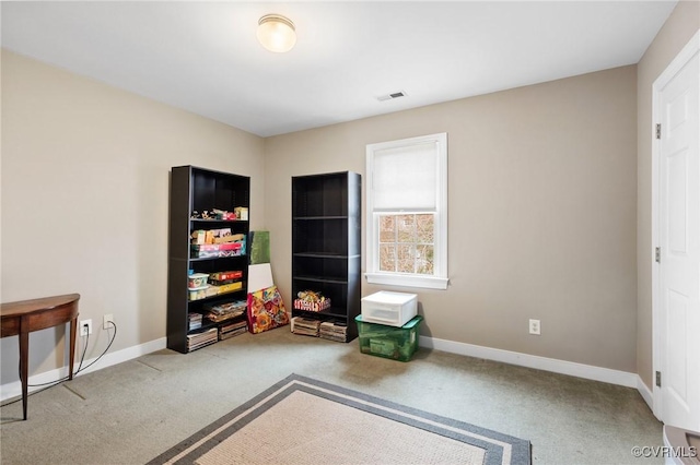 rec room with visible vents, baseboards, and carpet floors