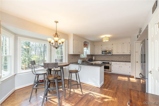 kitchen with dark countertops, wood finished floors, backsplash, and stainless steel appliances