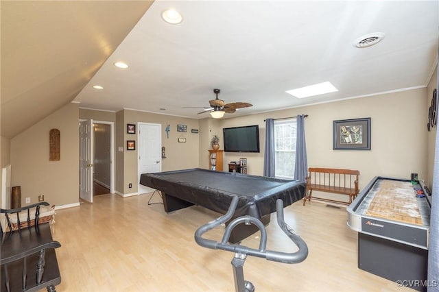 rec room featuring billiards, visible vents, baseboards, light wood-style floors, and crown molding