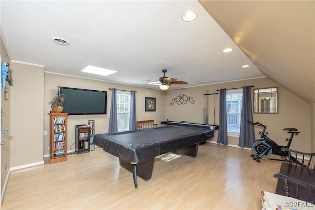 recreation room featuring pool table, crown molding, visible vents, and light wood finished floors