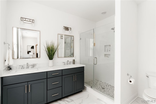 bathroom with a sink, toilet, marble finish floor, and a shower stall