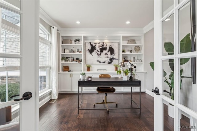 office featuring recessed lighting, french doors, built in shelves, and dark wood-style flooring