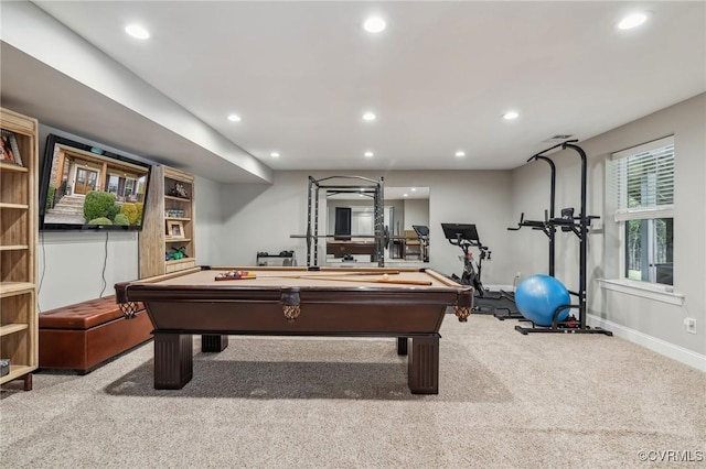 game room with recessed lighting, baseboards, carpet, and billiards