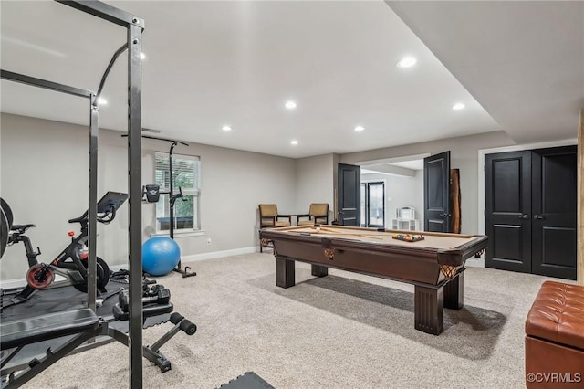 game room with recessed lighting, baseboards, light colored carpet, and pool table