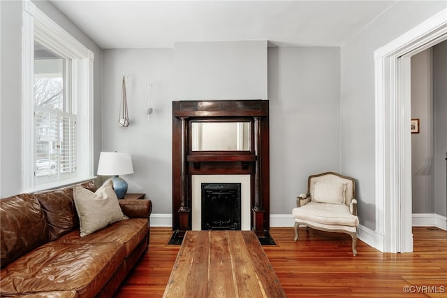 living area with a fireplace with flush hearth, wood finished floors, and baseboards