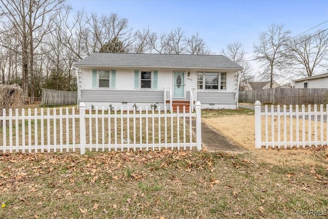 view of front facade featuring crawl space, roof with shingles, and a fenced front yard