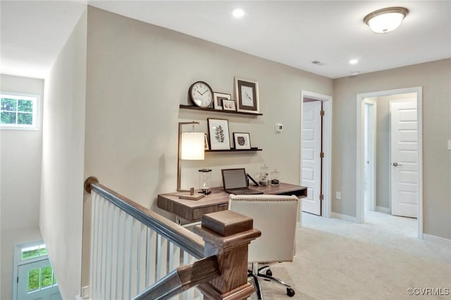 office area with recessed lighting, baseboards, and light carpet