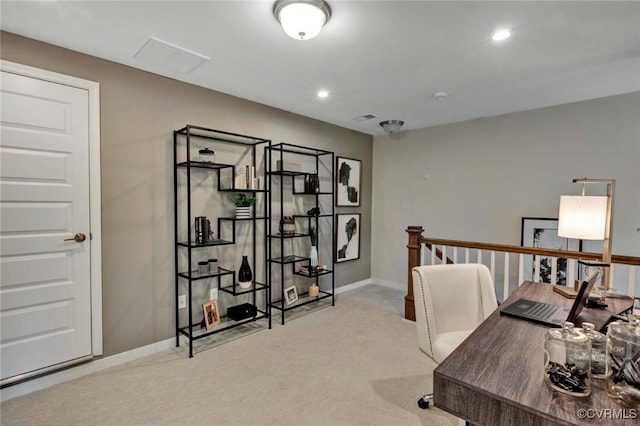 office space featuring visible vents, recessed lighting, baseboards, and carpet floors