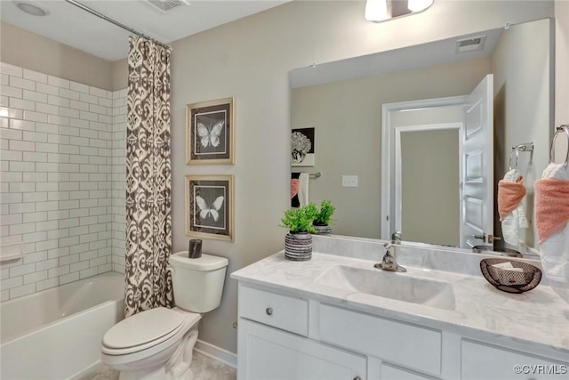 full bathroom featuring visible vents, shower / tub combo, toilet, and vanity