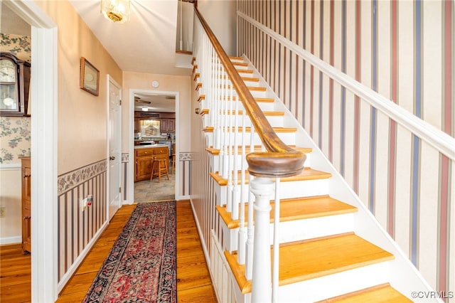 staircase with a wainscoted wall, wallpapered walls, and wood finished floors