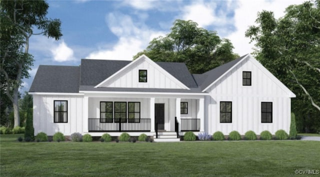 modern farmhouse style home with a porch, board and batten siding, and a front lawn