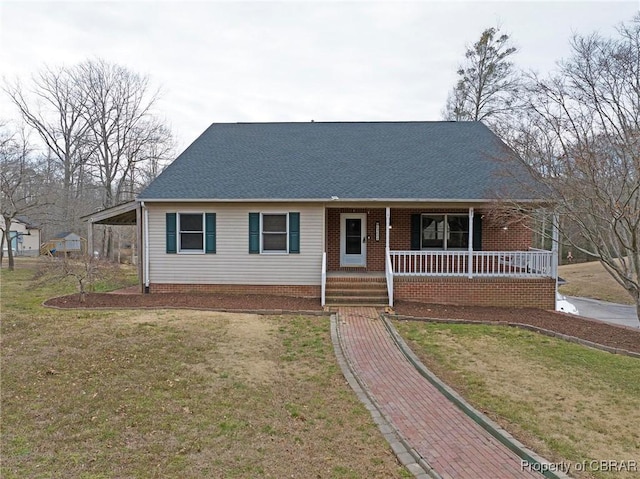 ranch-style home with a porch, a front lawn, and a shingled roof