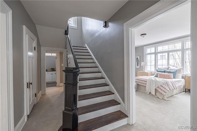 stairway with baseboards and carpet floors