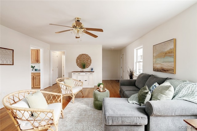 living area with ceiling fan and light wood-style floors