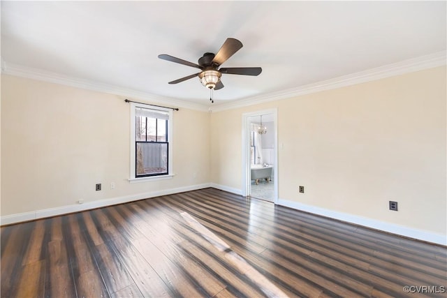 empty room with ornamental molding, a ceiling fan, baseboards, and dark wood-style flooring