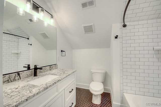 full bathroom featuring vanity, vaulted ceiling, toilet, and visible vents