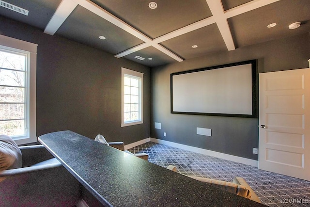 home theater with beamed ceiling, visible vents, coffered ceiling, recessed lighting, and baseboards