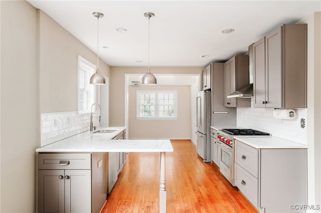 kitchen featuring a sink, appliances with stainless steel finishes, gray cabinets, and light countertops