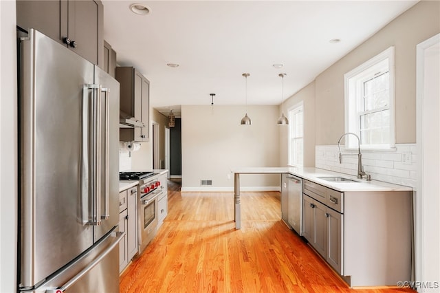 kitchen with backsplash, light wood-type flooring, light countertops, premium appliances, and a sink