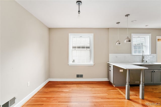 kitchen with a sink, visible vents, light wood-style floors, and tasteful backsplash