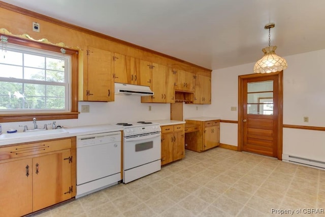 kitchen featuring under cabinet range hood, a baseboard radiator, light countertops, white appliances, and a sink