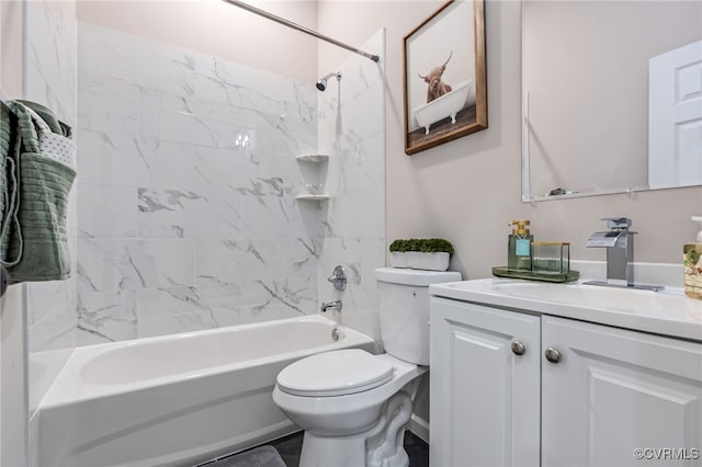 full bath featuring toilet, vanity, and bathing tub / shower combination